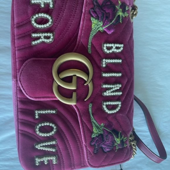 Gucci Blind For Love Pink Rose Velvet Handbag Bag Marmont GG Gold Purse Italy NW - Picture 6 of 15